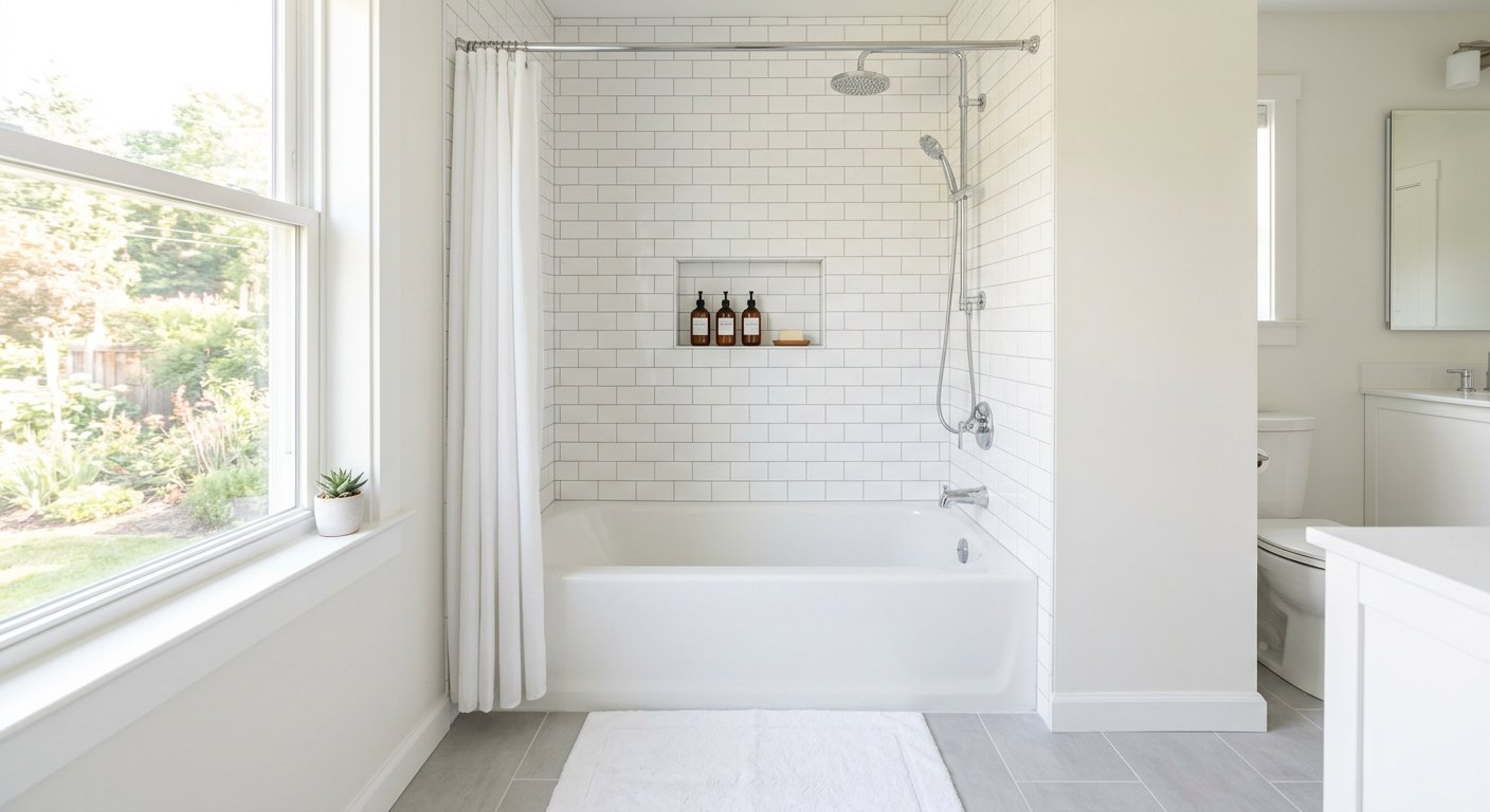 Newly tiled tub surround with white subway tile in Cromwell, CT